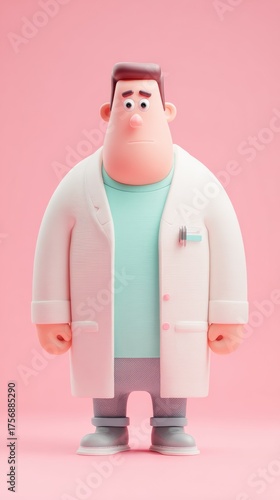 Cartoon Doctor in White Coat on Pink Background.