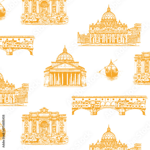 Seamless Vintage Italian wall paper with Pantheon, Trevi Fountain, St. Peter's Basilica, Ponte Vecchio, in Toile de Jouy style