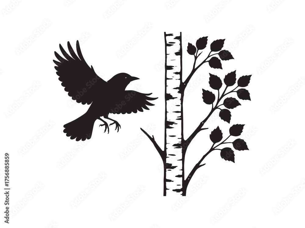 Fototapeta premium Birch Tree Branch with Leaves – Minimal Nature Silhouette
