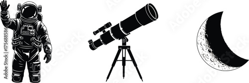 Astronaut, telescope and crescent moon in space exploration and science fiction concept