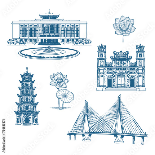 Seamless Vintage Vietnamese wall paper with Can Tho Bridge, Linh Phuoc Pagoda, Reunification Palace, Tay Ninh Cao Dai Temple, in Toile de Jouy style