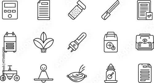 Collection of medical equipment icons in outline style, image shows various tools and devices used in healthcare