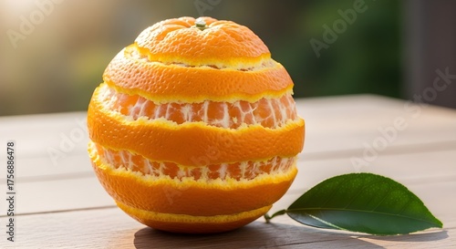 A freshly peeled, ripe orange spirals open to reveal its juicy, golden segments atop a rustic wooden table.