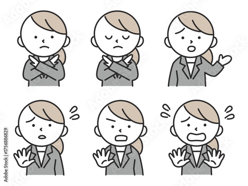 NGや拒否のポーズをするスーツを着た女性のイラストセット　シンプルで可愛い人物素材