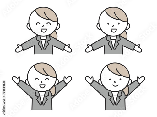 両手を広げたポーズをするスーツを着た女性のイラストセット　シンプルで可愛い人物素材