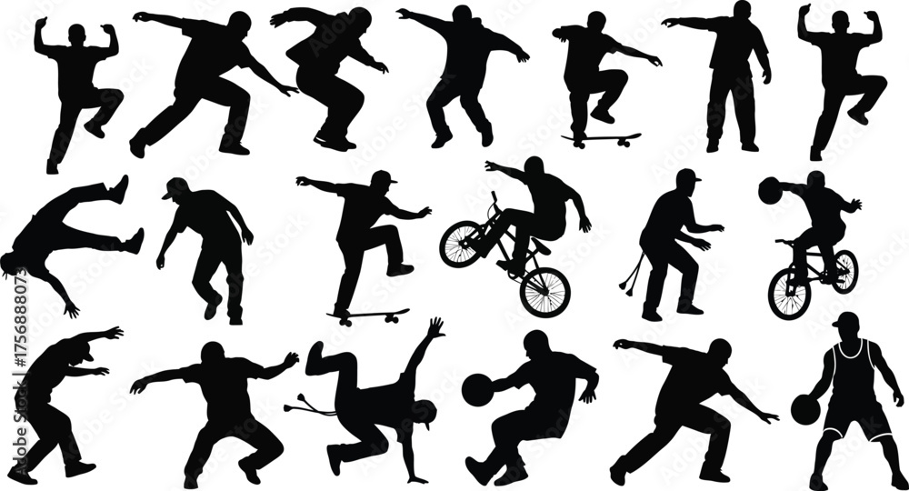 Naklejka premium Silhouette of people doing different sports set of silhouettes of people playing basketball, skateboarding, bmx, and dancing
