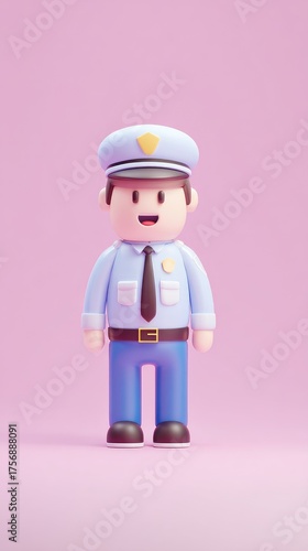 Cartoon Police Officer Standing on Pink Background.