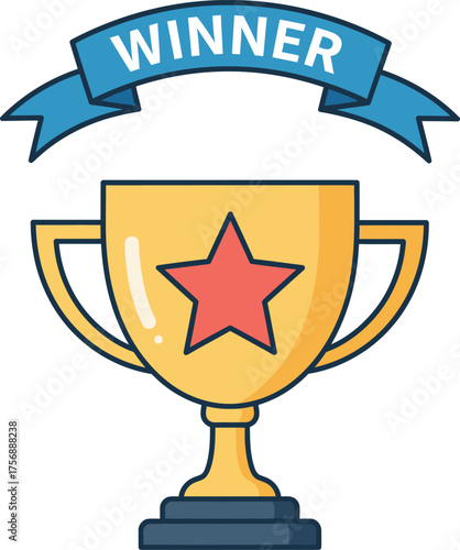 Golden trophy with a red star and a blue banner proclaiming winner symbolizing achievement and success