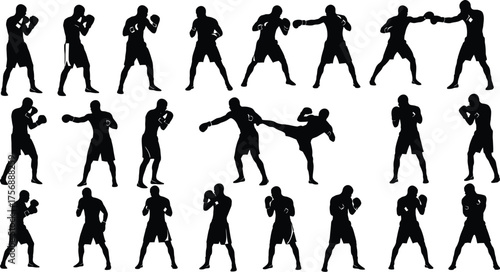 Silhouette of various martial arts fighters in different stances, showcasing combat skills and athletic poses