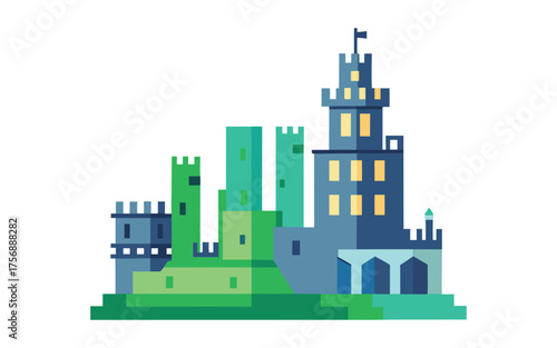Stylized illustration of a fantasy castle with multiple towers and battlements in shades of blue and green