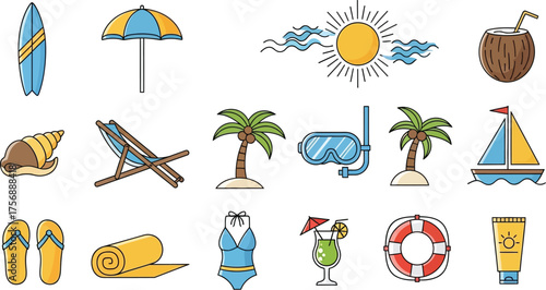 Collection of summer vacation elements, including surfboard, beach umbrella, sun, coconut, seashell and deck chair