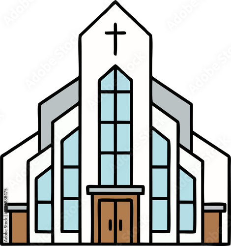 Modern Church Building Vector Illustration, Contemporary Christian Architecture with Tall Windows and Cross