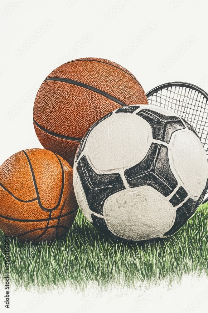 Obraz premium Photorealistic representation of various sports equipment on green grass background