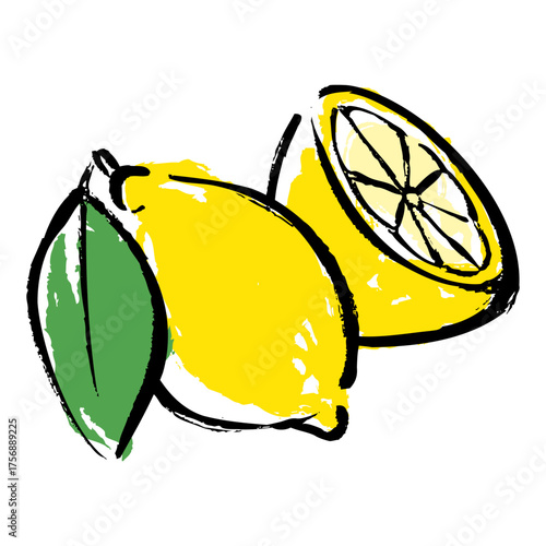 Hand-drawn illustration of a whole lemon with leaves and half a lemon drawn with a brush stroke