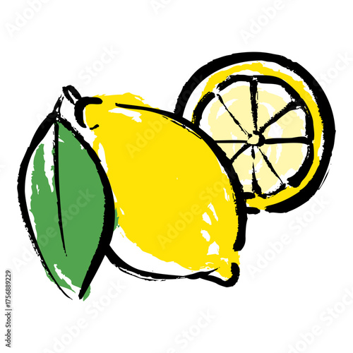 筆タッチで描いた葉と半分のレモンの手描きイラスト素材｜和風柑橘デザイン