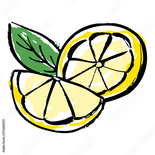 筆の風合いを活かした輪切りと半分のレモン、葉つきレモンの和風イラスト素材