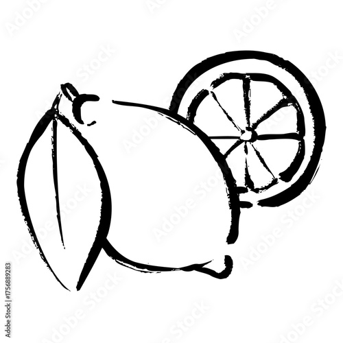 和筆で表現された葉つきレモンとカットレモンの組み合わせイラスト素材