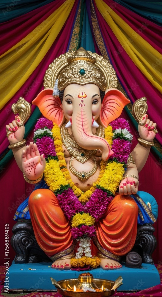 Fototapeta premium Pancha ganapati celebration with sacred ganesha idol adorned in colorful garlands for festive home decoration and worship