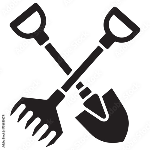 Black Silhouette Icon of Crossed Shovel and Rake Gardening Tools
