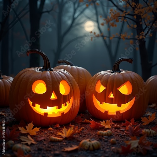Halloween pumpkin against the backdrop of a dark forest