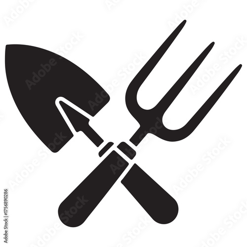 Minimalist Black Gardening Trowel and Hand Fork Crossed Icon