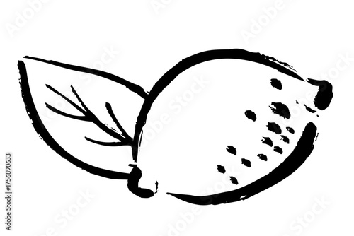 筆タッチで描いた葉つきレモンの手描きイラスト｜和風で自然な柑橘フルーツ素材
