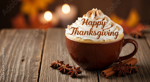 Warm and cozy coffee mug with whipped cream and 'Happy Thanksgiving' text, perfect for holiday greetings and seasonal celebrations
