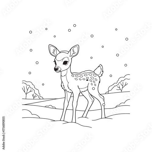Cute fawn standing in a snowy landscape with falling snowflakes and bare trees deer Winter Coloring Page Winter Coloring Book Winter Coloring book