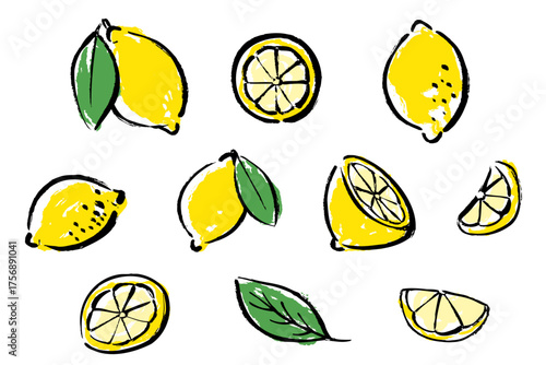 筆タッチで描いたさまざまな形のレモンセットイラスト｜スライス・半分・葉つきなどの和風デザイン