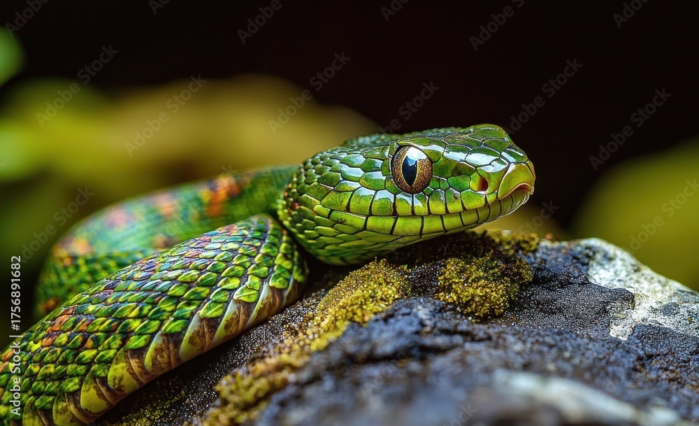 Fototapeta premium close-up of vibrant green and multicolored snake resting on a mossy rock with sharp, detailed scales and focused eye