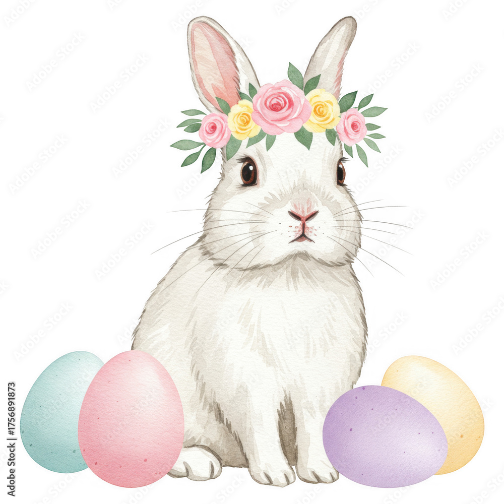 Obraz premium Watercolor white bunny wearing floral crown sits beside pastel colored Easter eggs isolate