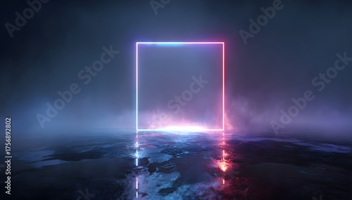 3d render, abstract background with neon light and a blue purple glow on the dark room floor. 