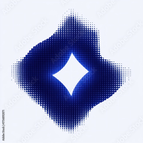 Abstract halftone diamond shape with glowing blue gradient on white background, creating a futuristic and digital visual effect