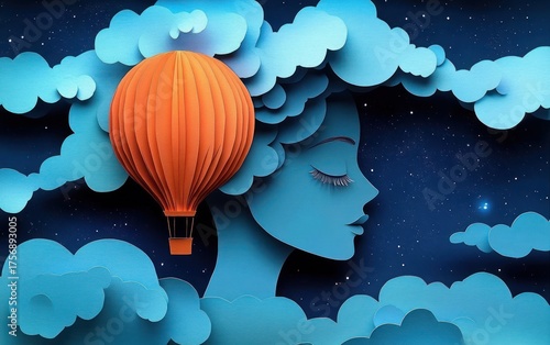 Surreal nighttime scene of a serene blue female face in profile surrounded by fluffy blue clouds with an orange hot air balloon floating near her ear under a starry sky