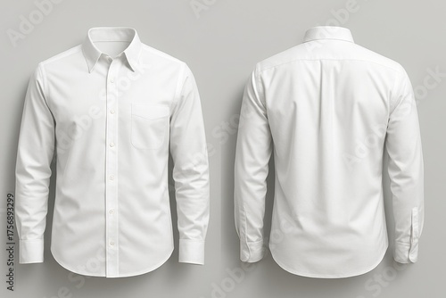 Classic white long sleeve dress shirt front and back view on plain background for apparel mockup and fashion design presentation purposes. Ai generative