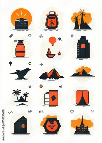 Collection of minimalist travel and adventure icons featuring buildings, nature, transportation, and leisure elements in black and orange
