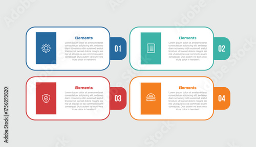 3 elements infographic comparison diagram with long round rectangle with badge side with 4 step for slide presentation