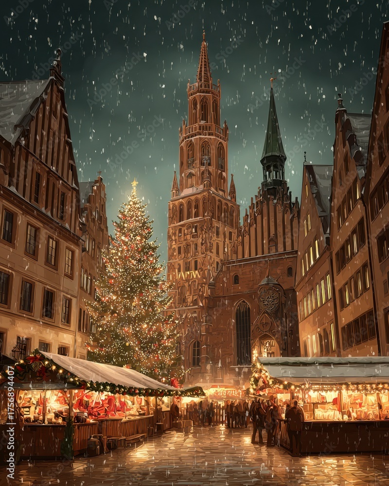 Naklejka premium Magical Christmas market scene with festive decorations and a historic church on a snowy evening