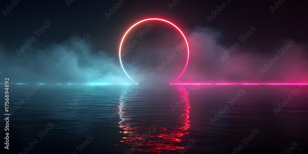 Obraz premium 3d render, abstract neon background with a glowing round frame in blue and purple colors on a black background. 