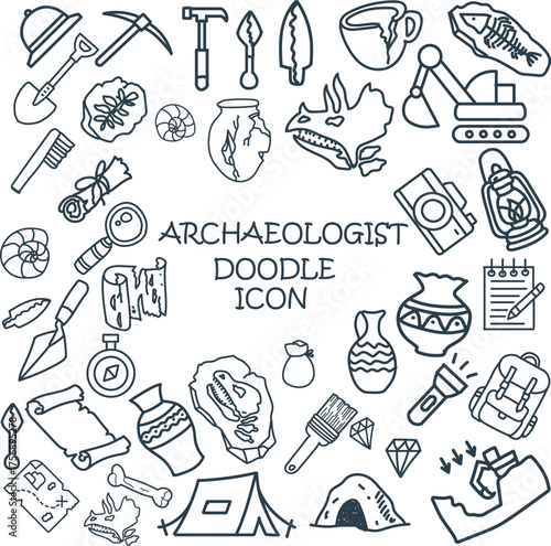 Creative archaeologist doodle icon set featuring fossils, pottery, tools, bones, and excavation symbols. Perfect for education, history projects, museum posters, and adventure-themed designs.