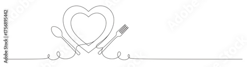 Continuous line art of a set of cutlery consisting of a heart-shaped plate, spoon, and fork. This icon is for a restaurant sticker or banner. Vector illustration