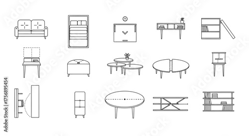 furniture line drawings showcasing a variety of home furnishings in minimalist style ideal for architectural plans  interior design layouts clearly defining scale