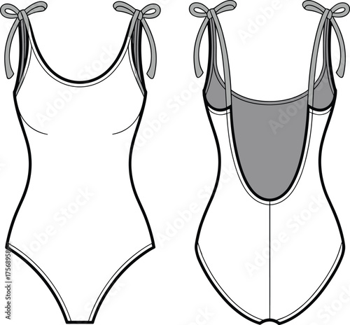 One piece swimsuit fashion CAD, bow strap scoop back swimwear technical flat sketch, vector illustration, apparel design template, garment construction drawing