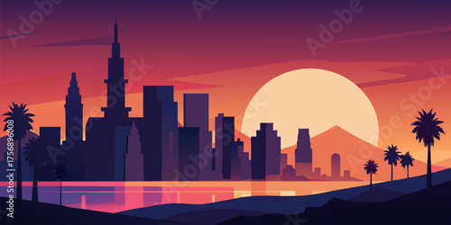 City Skyline Silhouette at Sunset with Palm Trees twilight