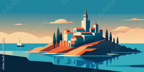 Coastal Castle Island With Sailboat At Sunset ocean