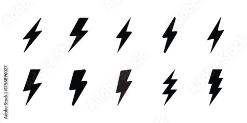 Vector lightning bolt icon set, Electric energy symbol, Power flash silhouette collection