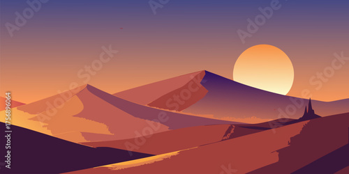Desert Landscape with Dunes and Castle at Sunset orange
