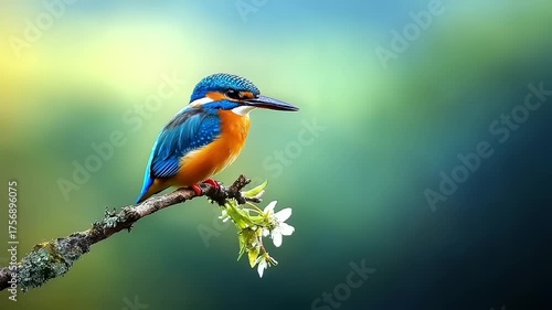 Vivid kingfisher perches on a branch amidst spring blossoms.