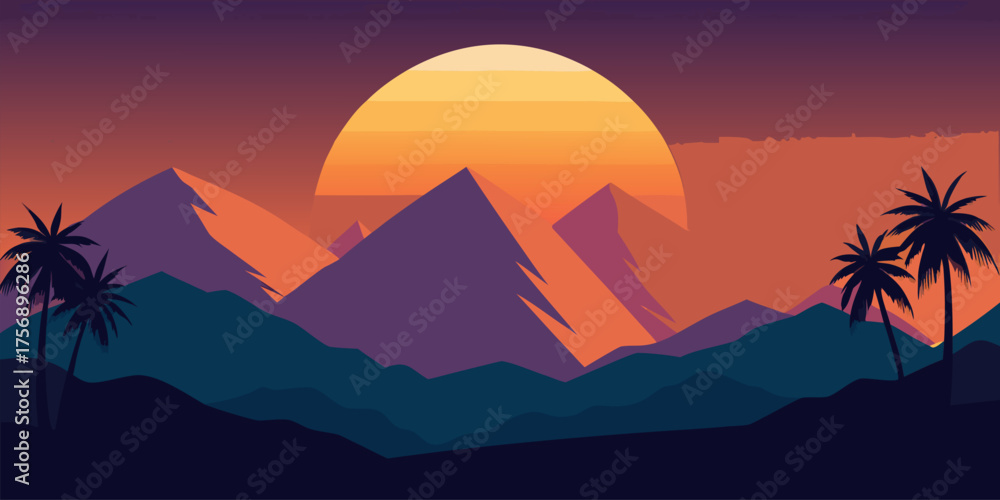 Fototapeta premium Retro Sunset Over Mountains with Palm Trees silhouette