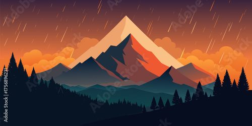 Mountain peak with meteor shower at sunset vector illustration